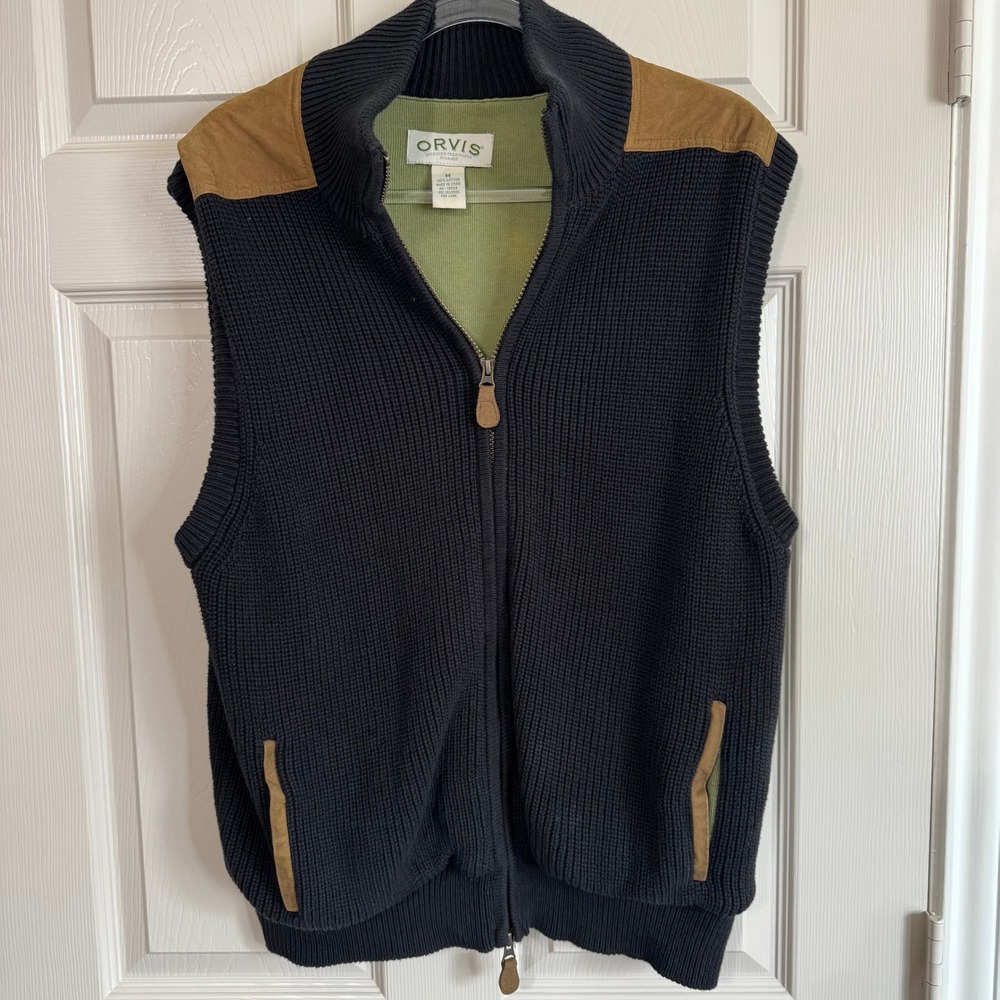 Orvis Mens M Black Cotton Shaker Knit Full Zip Shooting Sweater Vest Outdoor